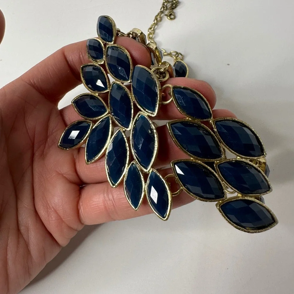 Navy Blue Marquise Rhinestone Bib Necklace Gold Tone Statement Adjustable Chain‎